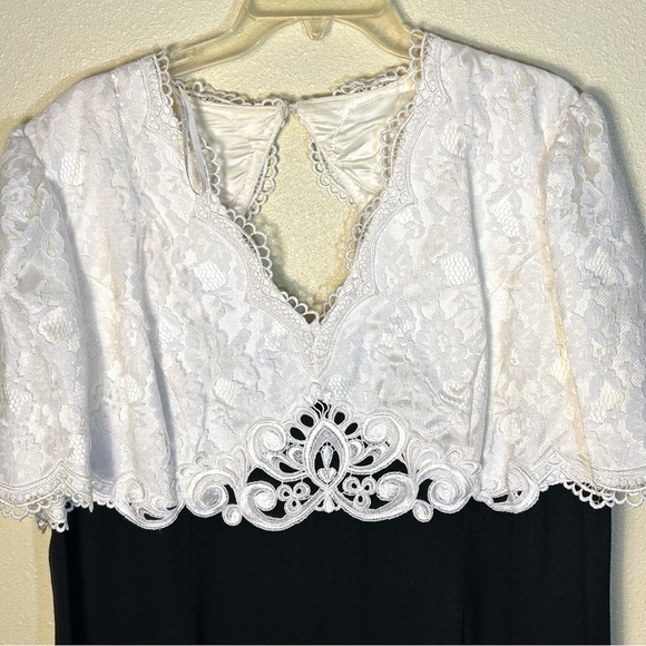 Vintage Jessica McClintock Gunne Sax Size 18W Black Ivory Lace Maxi Dress Slit - Picture 5 of 16